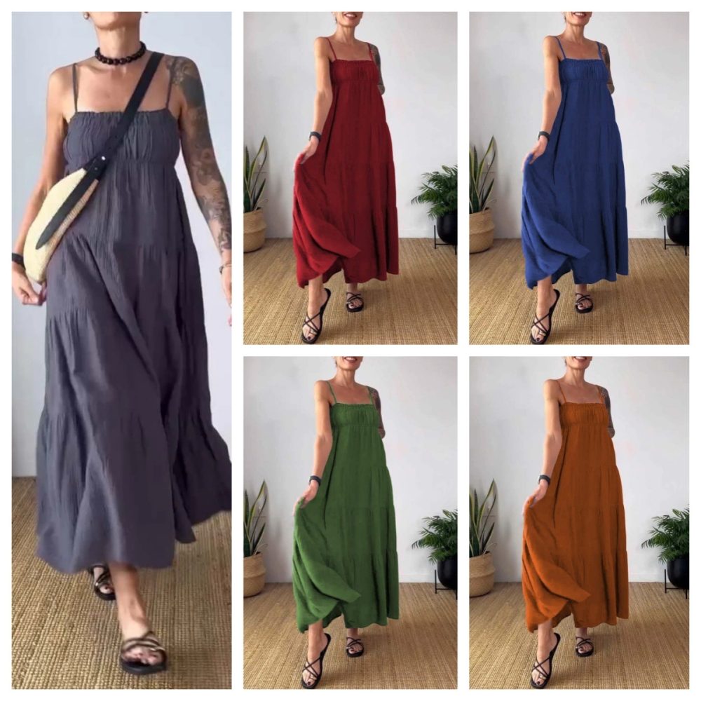 Women's Solid Color Casual Chest Wrap Pleated Suspender Dress - Image 2
