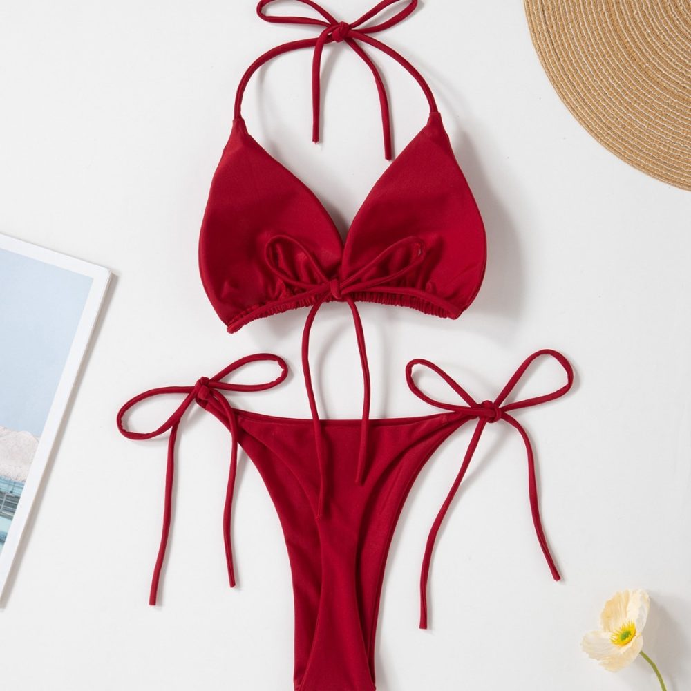 Solid Color Sexy Lace-up Hot Girl Temperament Women's Bikini Swimsuit - Image 3