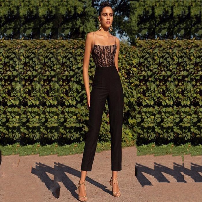 Women's Fashionable Elegant Lace Spaghetti Straps Sleeveless Jumpsuit
