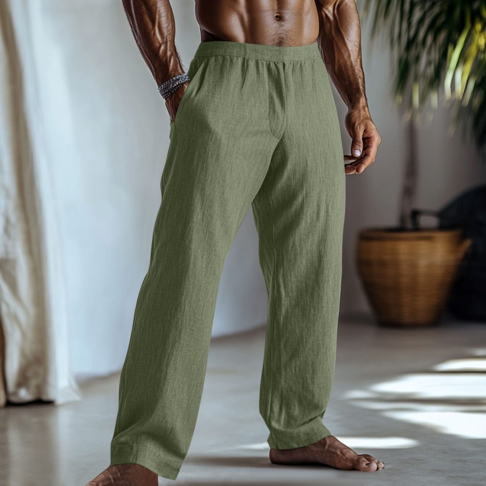 Cotton And Linen Solid Color Casual Trousers With Pockets - Image 2