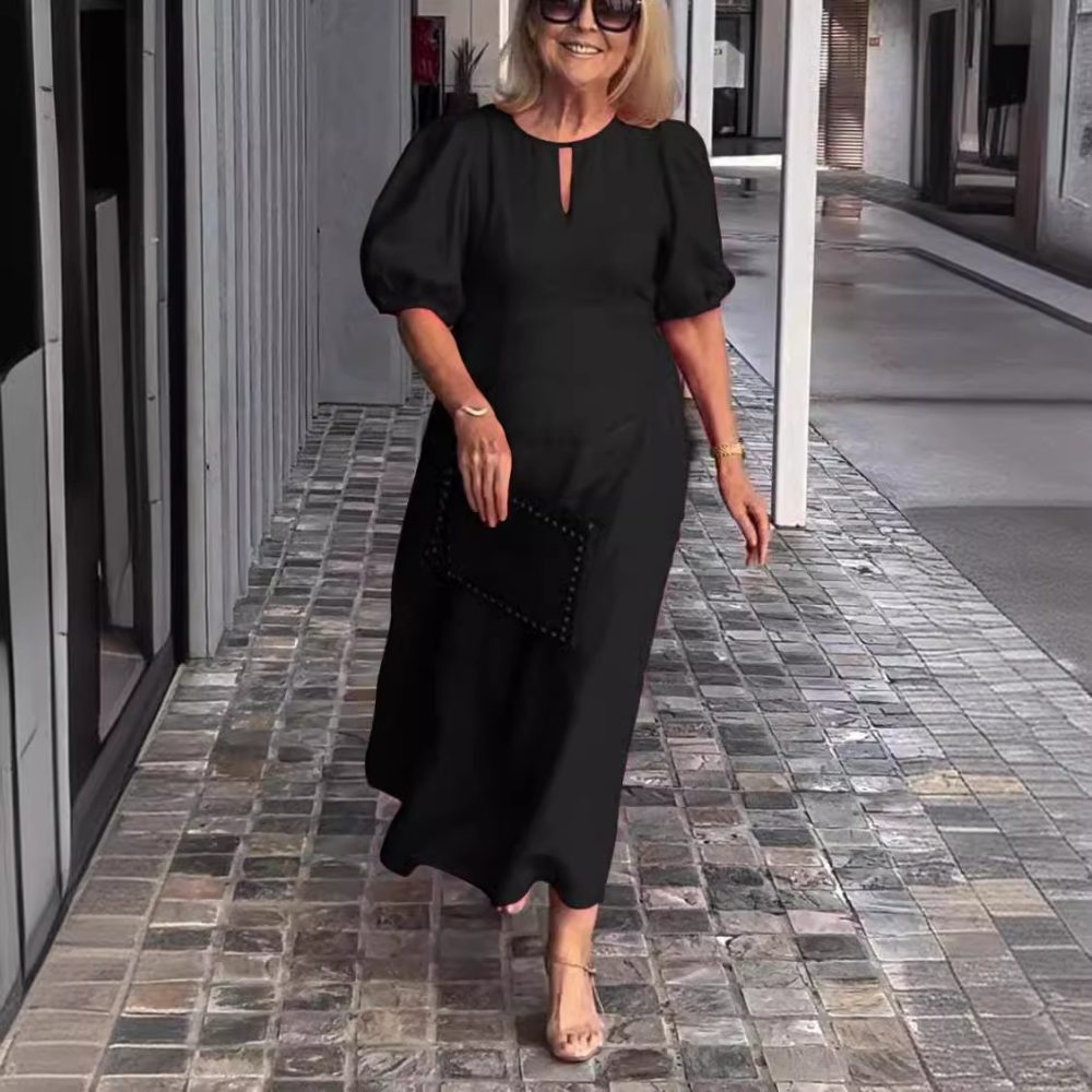 Women's Solid Color Loose-fitting Casual Round-neck Dress - Image 3