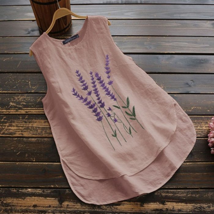 Summer Embroidered Sleeveless Crew Neck Casual Vest Women's Cotton And Linen Top