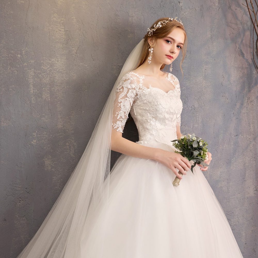 New Fashion Slim Fit Lace Mid Sleeve Plus Size Photo Studio Wedding Dress - Image 2
