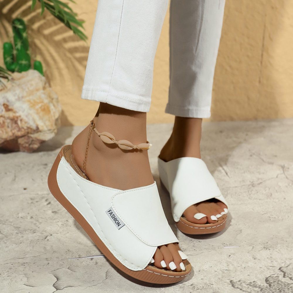 Summer Wedge Slides Slippers Fashion Fish Mouth Thick Bottom Roman Shoes Solid Color Beach Sandals For Women - Image 2