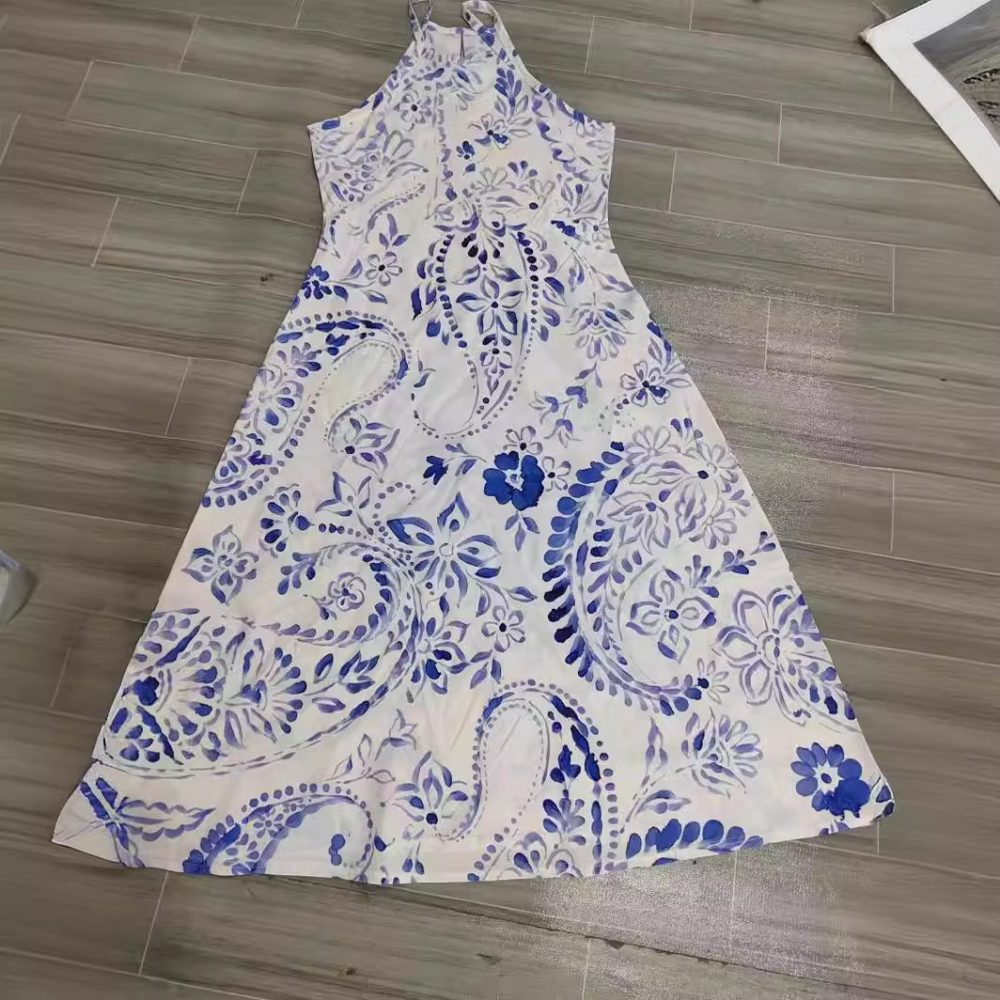 Women's Sleeveless Blue And White Porcelain Color Matching Long Comfortable Dress - Image 2