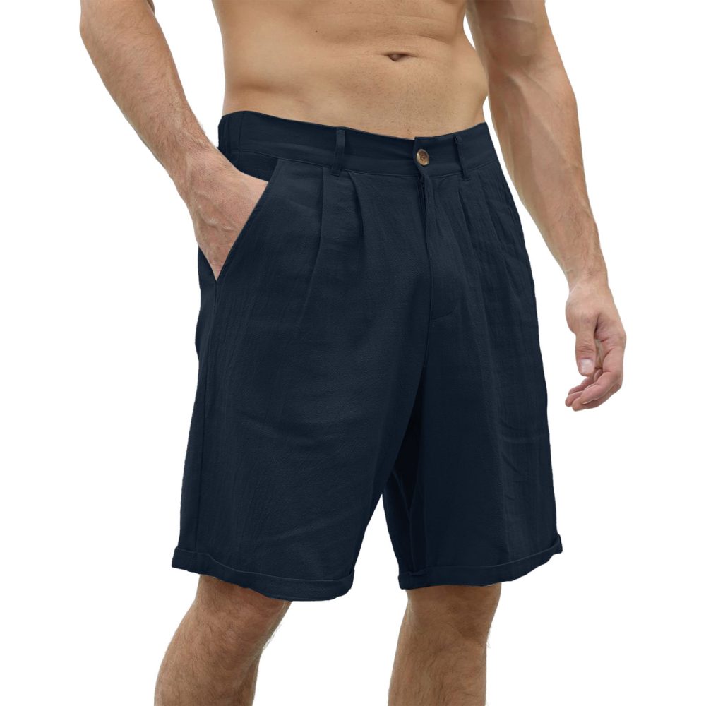Men's Cotton And Linen Casual Beach Button Stretch Shorts - Image 2