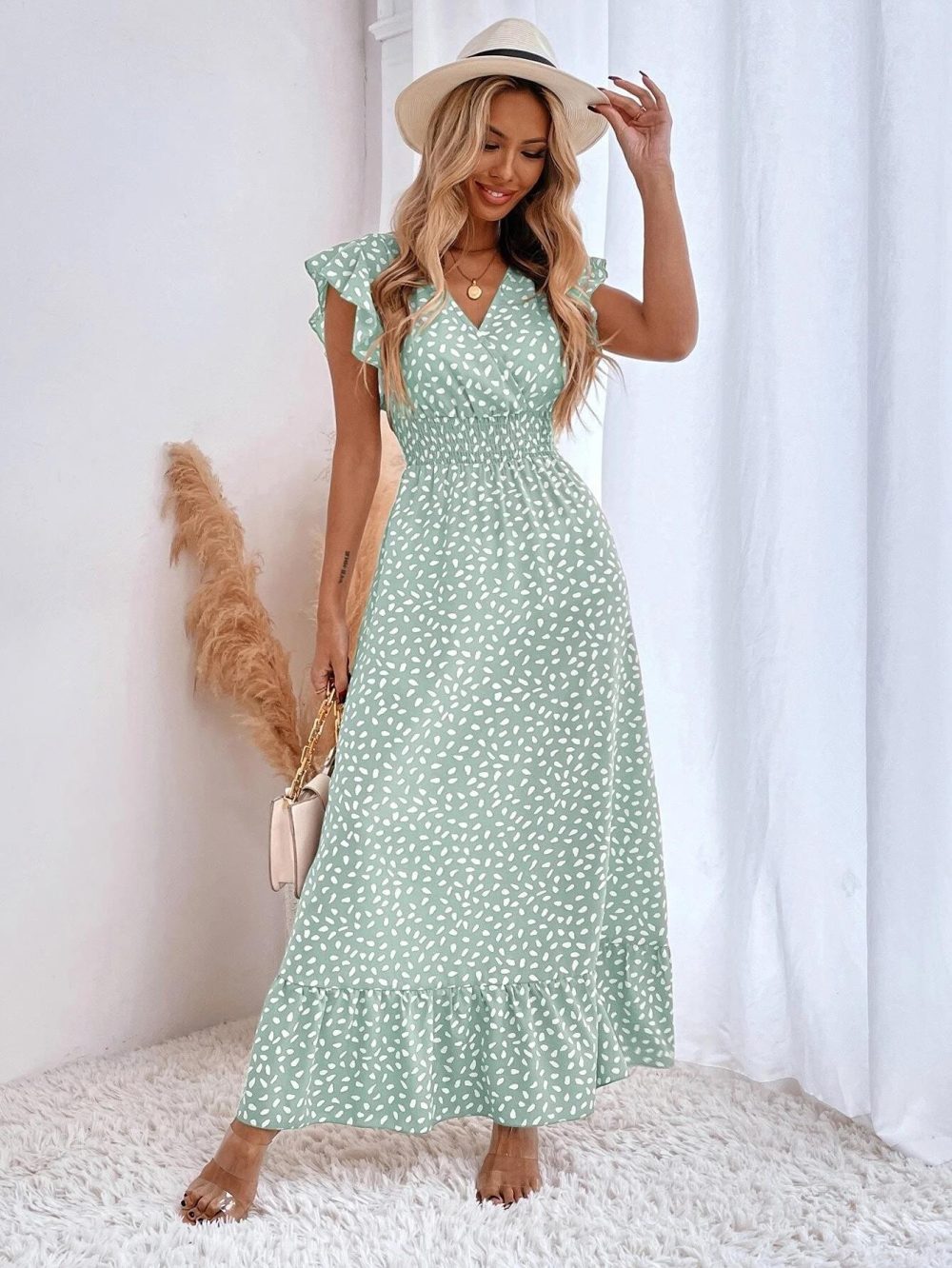 Women's V-neck Dress Summer Ruffled Sleeveless Long Dresses High Waist Clothing - Image 8