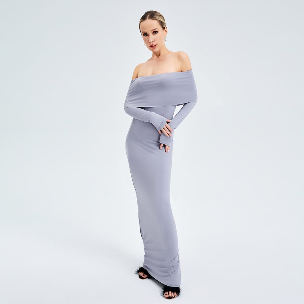Elegant Off-shoulder Long-sleeved Long Dress - Image 3