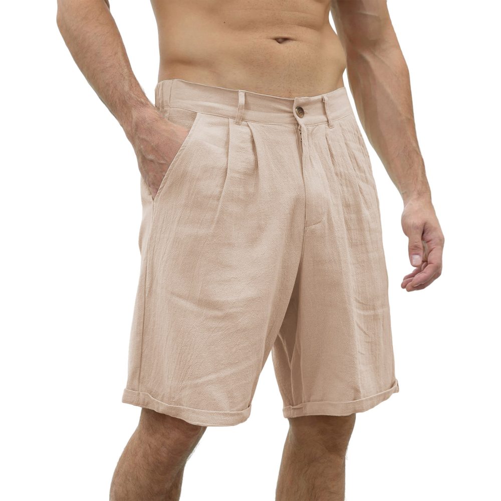 Men's Cotton And Linen Casual Beach Button Stretch Shorts - Image 6