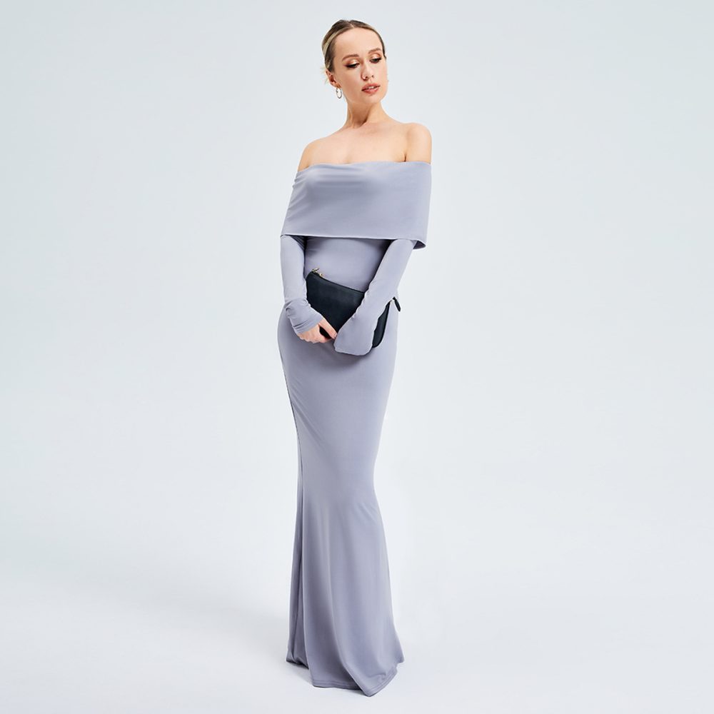 Elegant Off-shoulder Long-sleeved Long Dress - Image 6