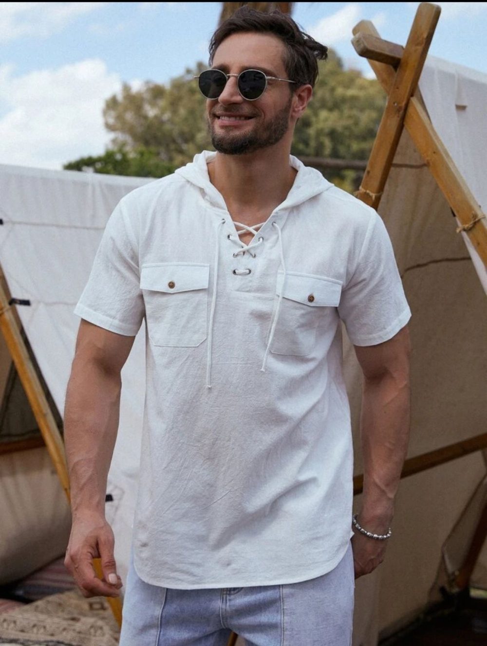 Men's Cotton Linen Short Sleeve Hooded Pocket Shirt