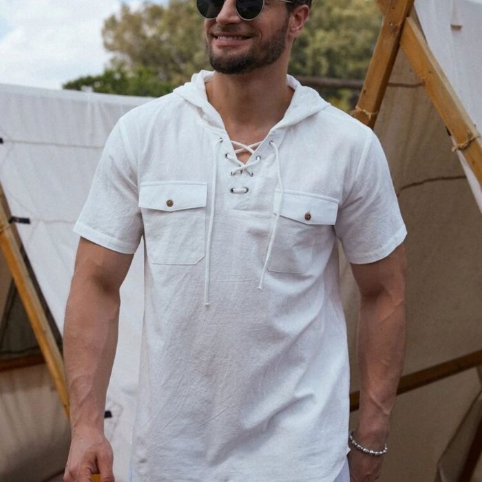 Men's Cotton Linen Short Sleeve Hooded Pocket Shirt