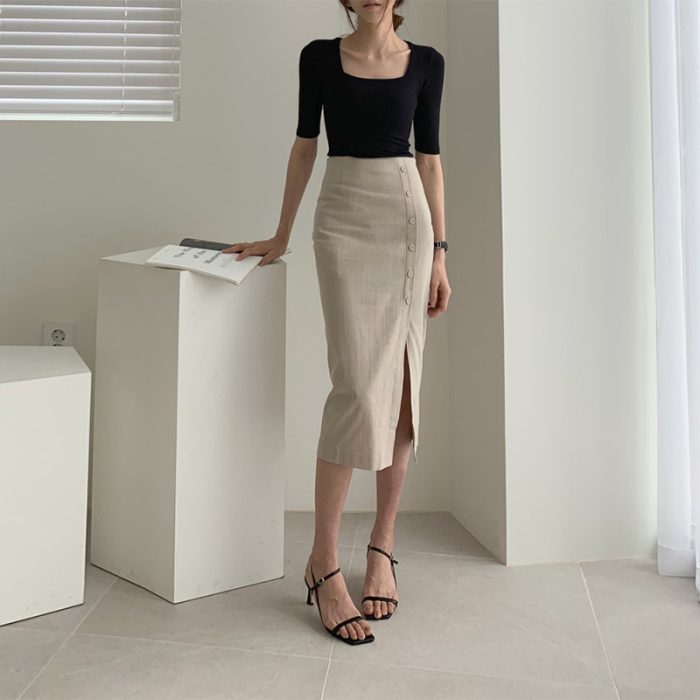 Super Fire Side Slit Cotton And Linen Skirt