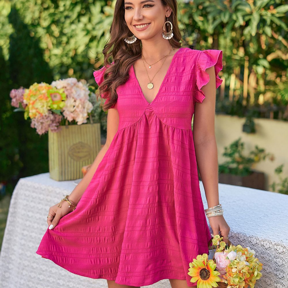 Women's Clothing V-neck Ruffle Short Skirt Solid Color Elegant Dress - Image 9