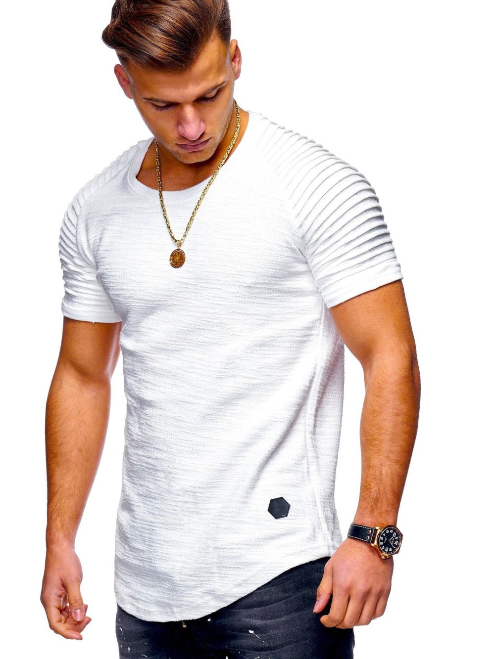 Round neck pleated raglan sleeves solid color men's short T-shirt - Image 6
