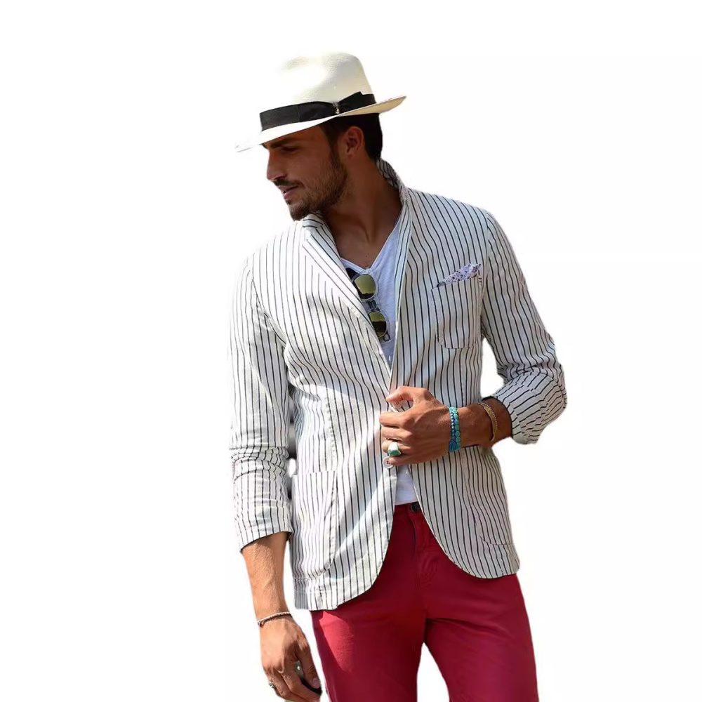 Men's Cotton And Linen Loose Striped Thin Casual Suit Jacket - Image 5