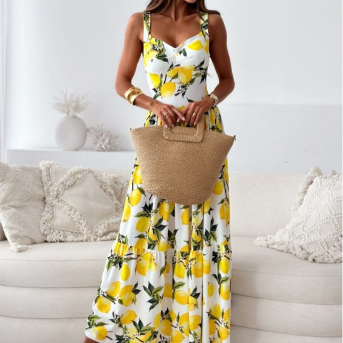 Spaghetti-strap Floral Print Backless Dress Long Dress