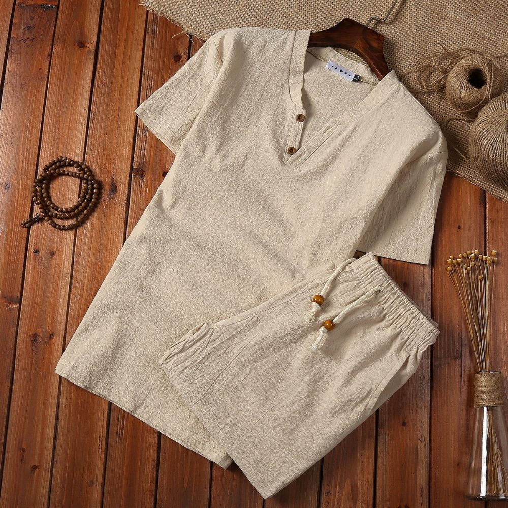 Cotton And Linen Two-piece Buckle Suit Casual V-neck Two-piece Set - Image 4