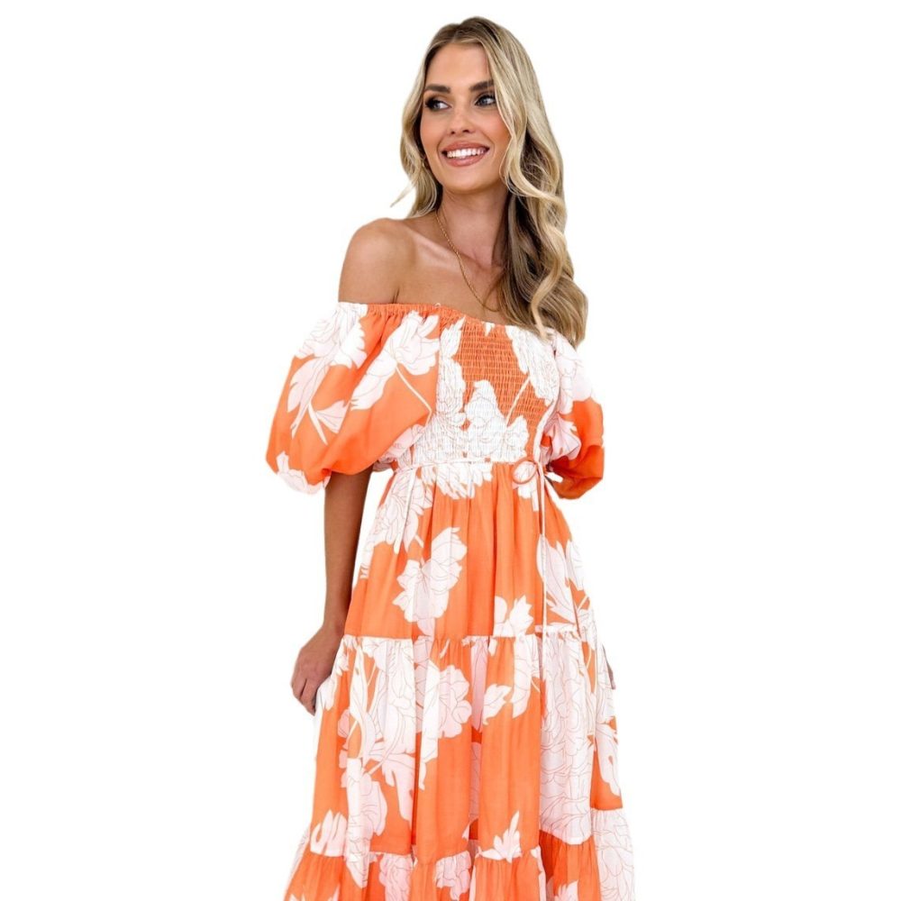 Elegant Floral-print Off-shoulder Puff Sleeve Fashion European And American Style Dress - Image 5