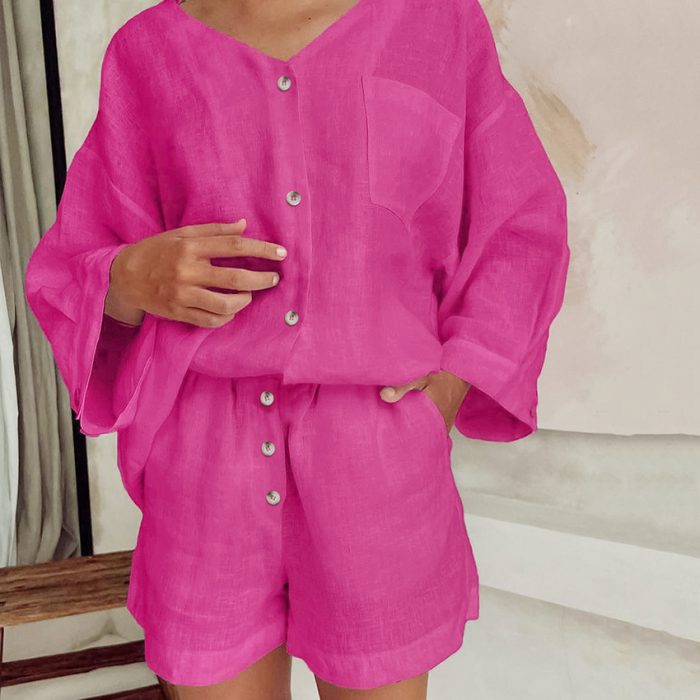 Autumn Cotton Linen Pajamas Long Sleeve Loose V-neck Shorts