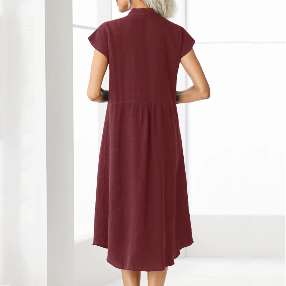 Cardigan Stand Collar Single-breasted Cotton And Linen Pocket Dress - Image 10