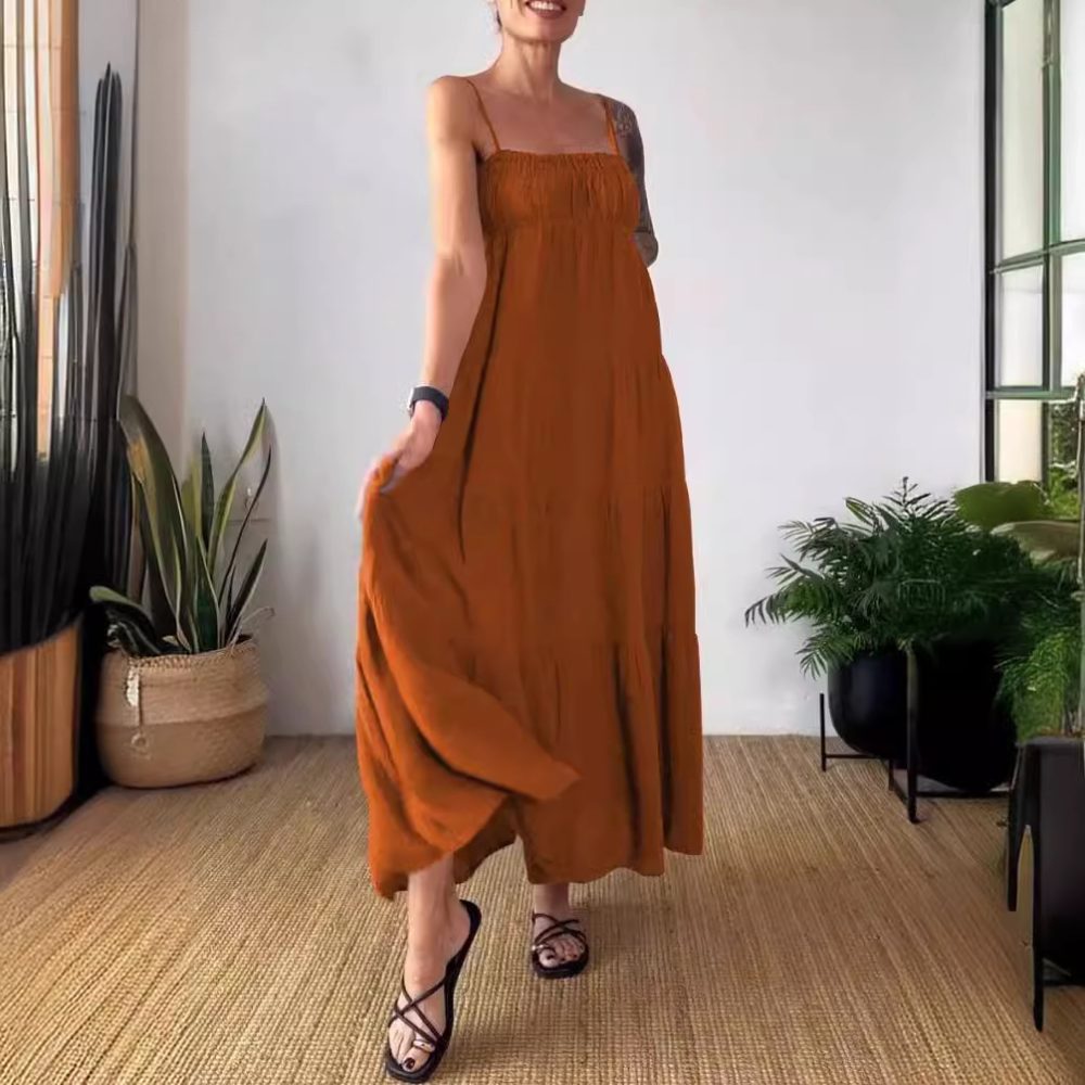 Women's Solid Color Casual Chest Wrap Pleated Suspender Dress - Image 10