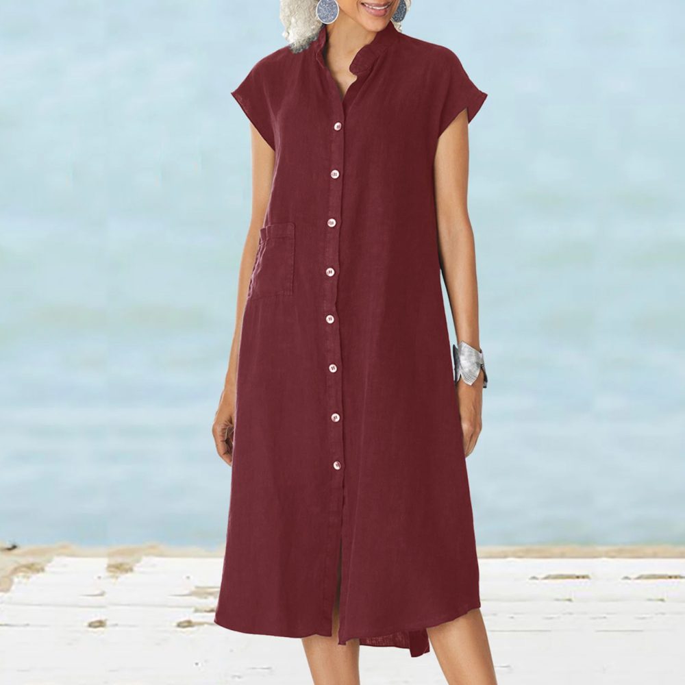 Cardigan Stand Collar Single-breasted Cotton And Linen Pocket Dress - Image 3
