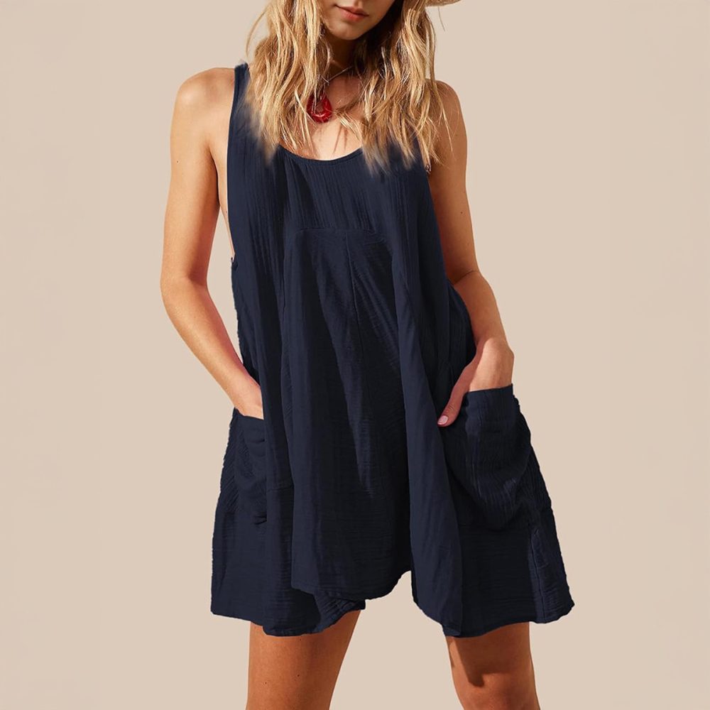 Casual Loose Vacation Style Solid Color Pocket Dress Short Skirt Women's Clothing - Image 2