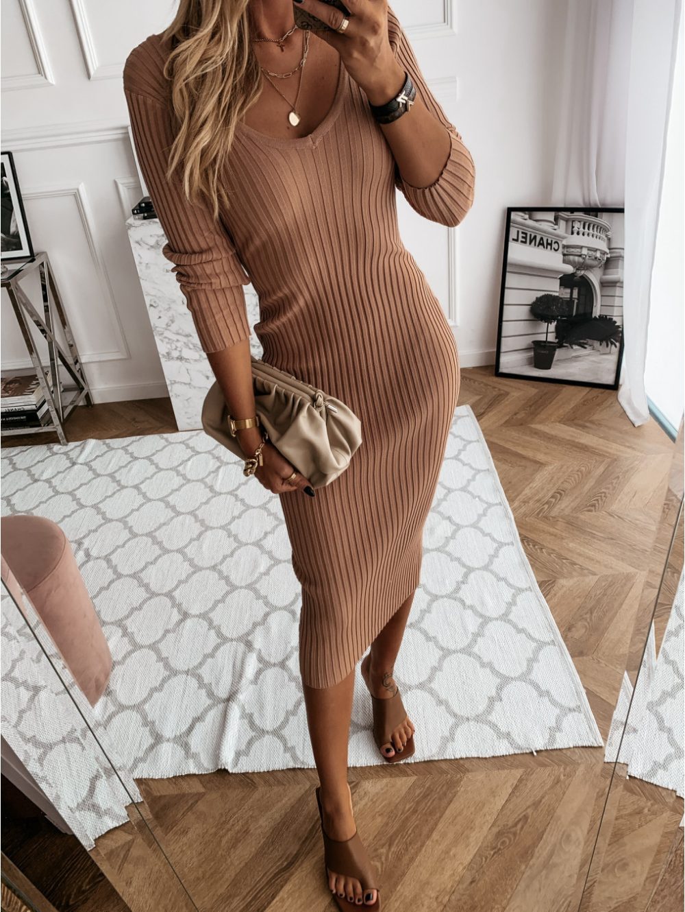 Autumn And Winter V-neck Solid Color Long-sleeved Pit Dress - Image 4