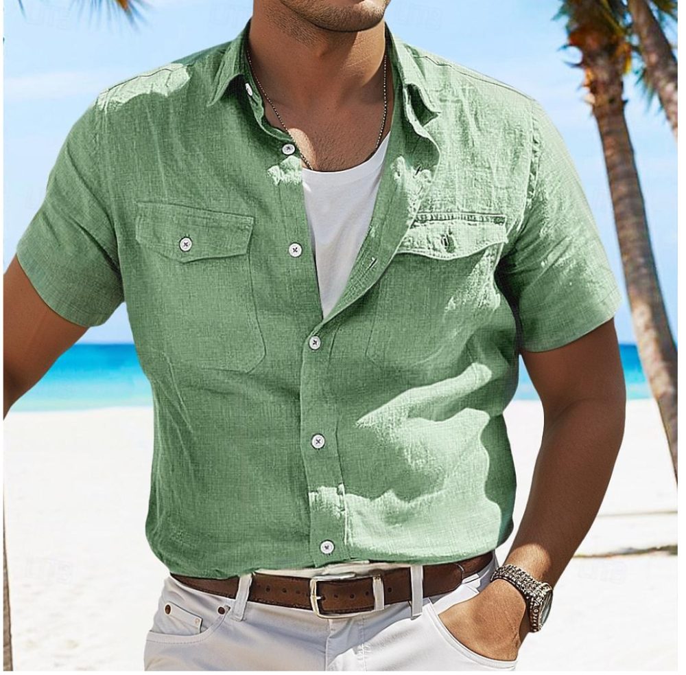 Men's Linen Summer Shirt Beach Solid Color Polo Collar Spring And Summer - Image 7