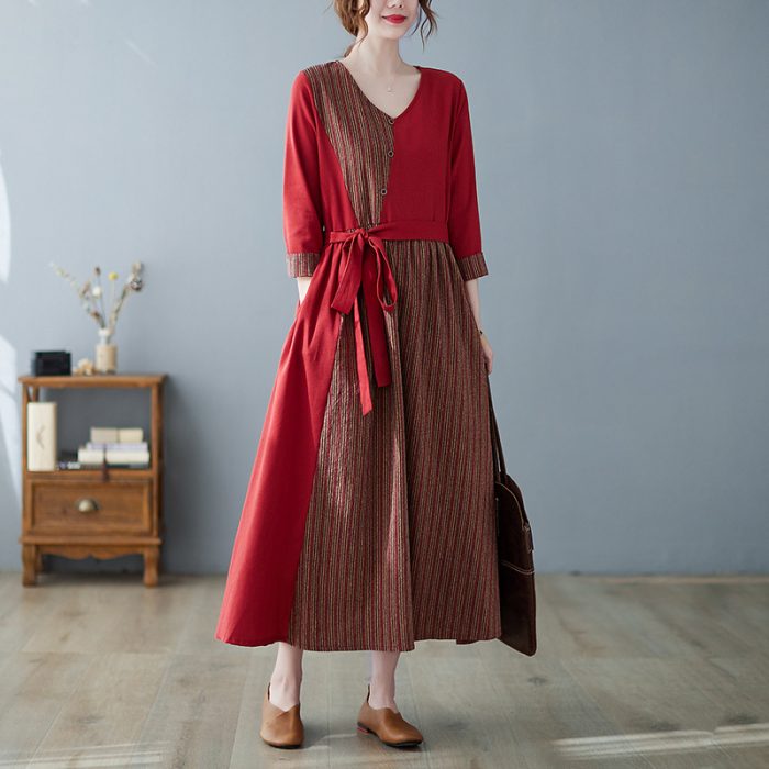 Long Sleeve V-neck Stitching Cotton And Linen Plus Size Slimming Dress Women