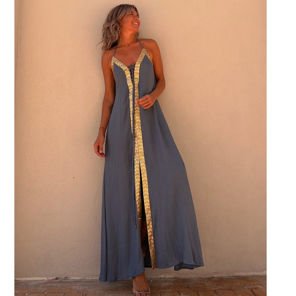European And American Spring And Summer Lace-up Halterneck Dress Leisure Loose Vacation Large Swing Dress - Image 7