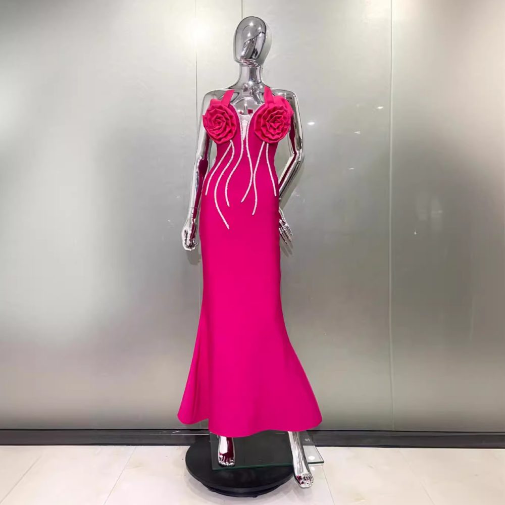 Decorative Flower Rhinestone Strip Tube Top Rose Red Dress Fashion Sweet Party Bandage - Image 5
