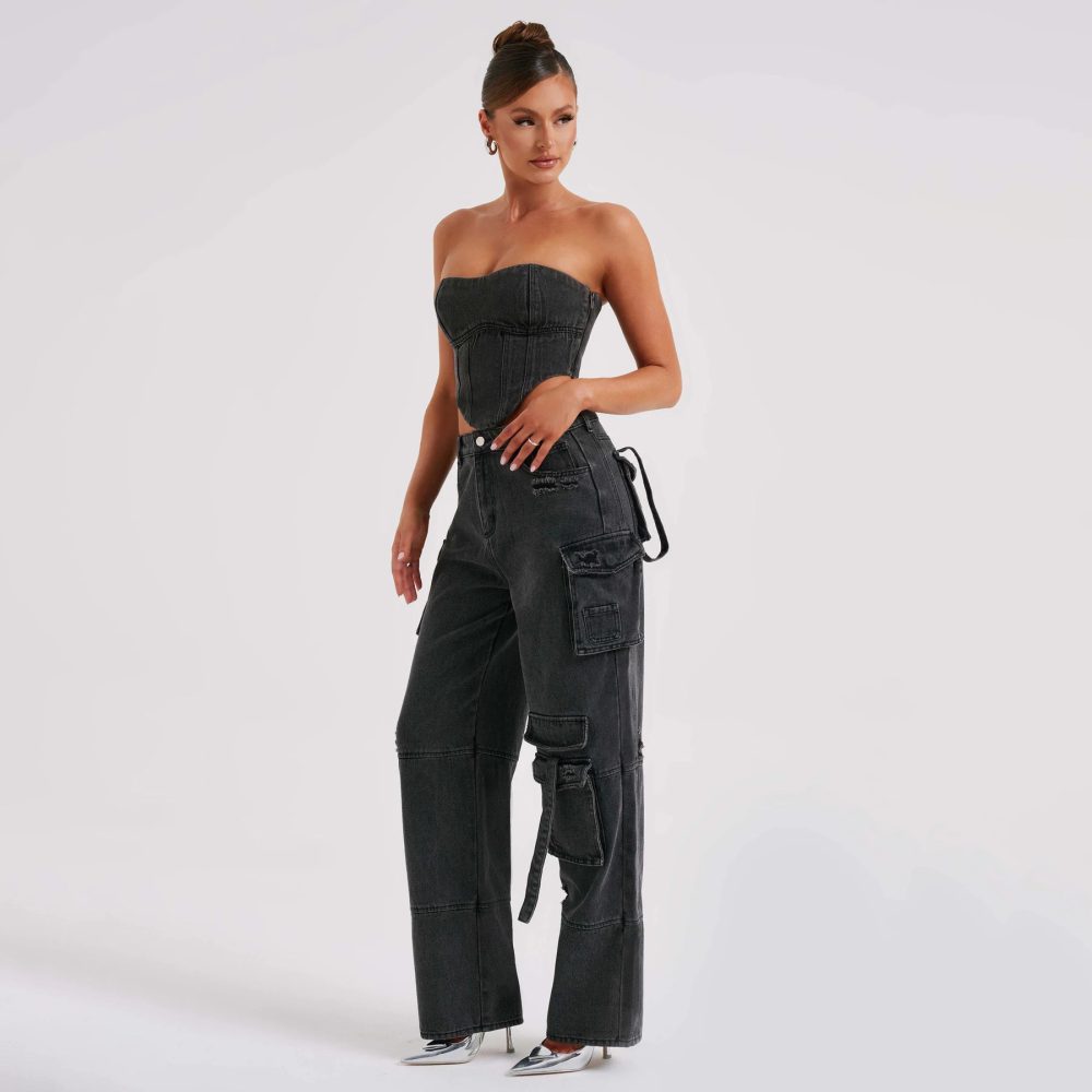 2Pcs Denim Suits Summer Sexy Backless Tube Top And Multi-pocket Straight Trousers Fashion Long Pants Suit Womens Clothing - Image 5