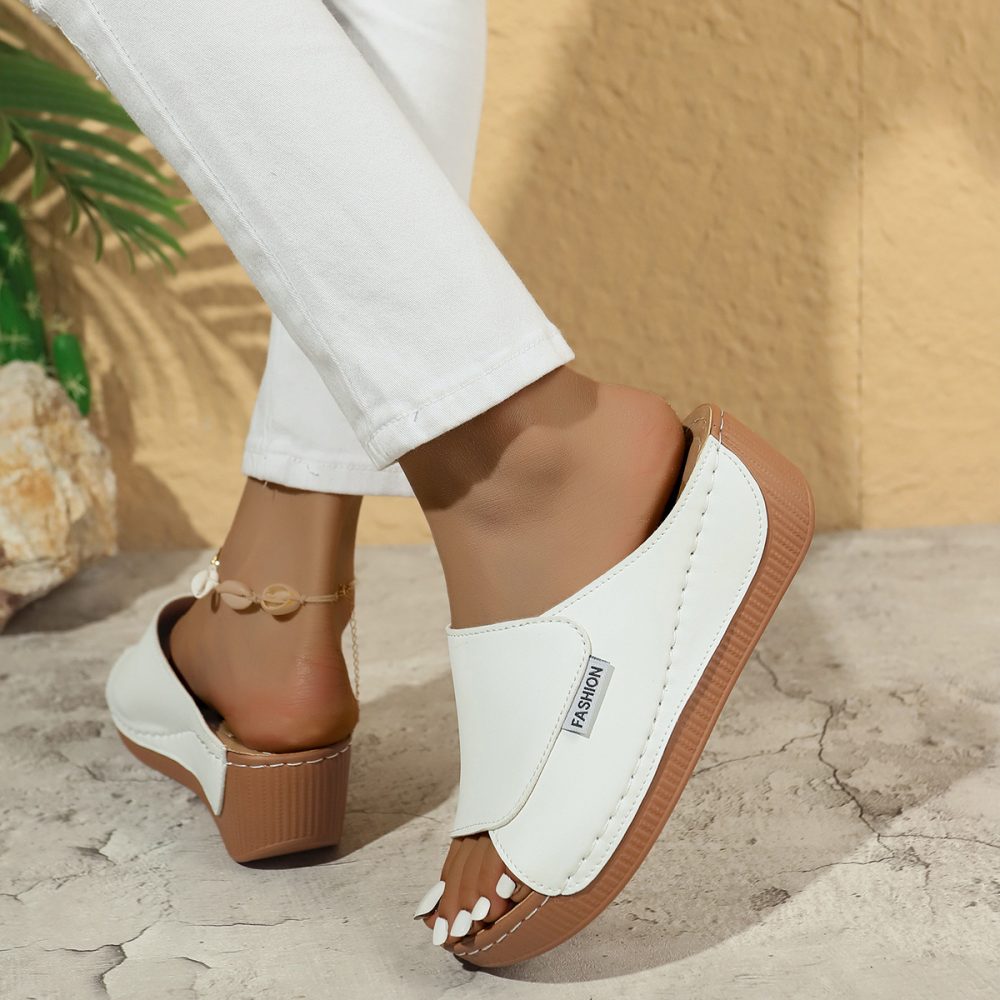 Summer Wedge Slides Slippers Fashion Fish Mouth Thick Bottom Roman Shoes Solid Color Beach Sandals For Women - Image 7
