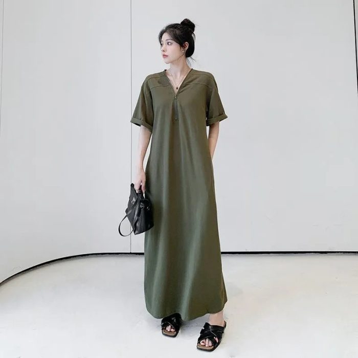 Retro Hepburn Zipper Dress Summer Loose Casual Slightly Fat