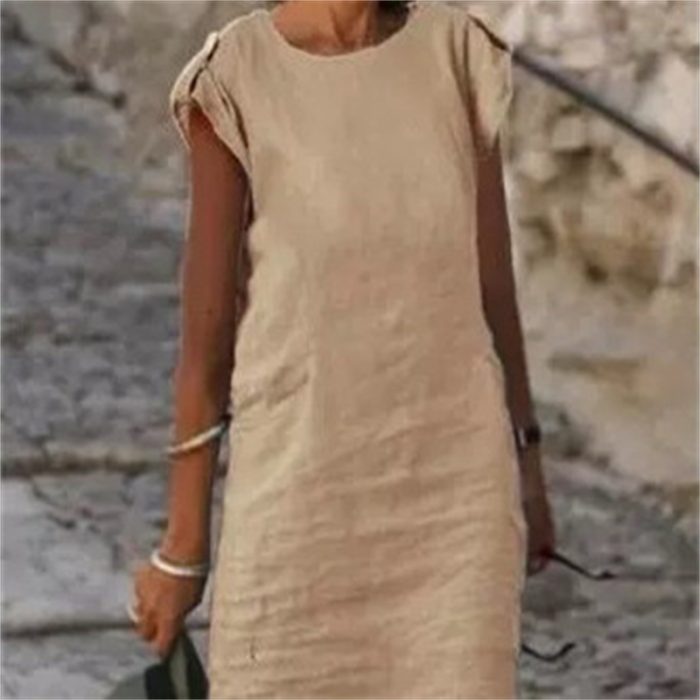 Women's Fashion Round Neck Sleeveless Multi-color Cotton Linen Mid-length Dress