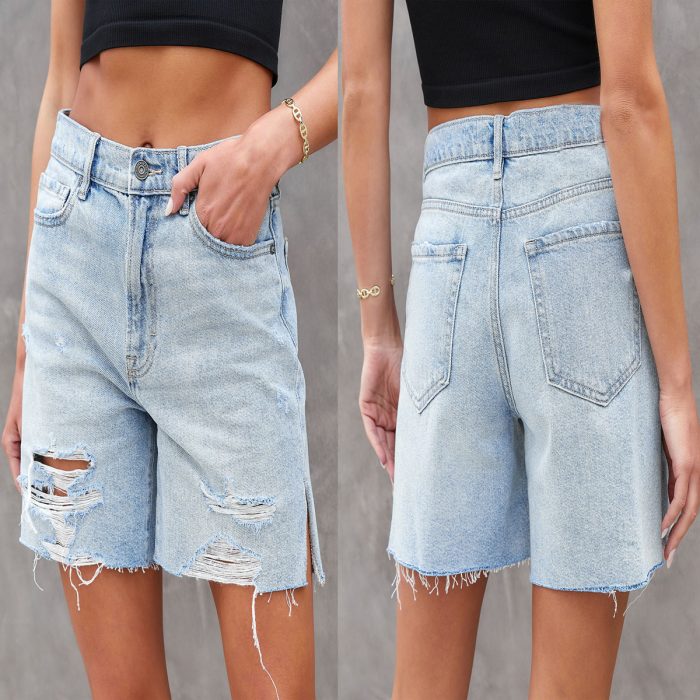 Summer Street Hipster Water Washed Hole Denim Shorts