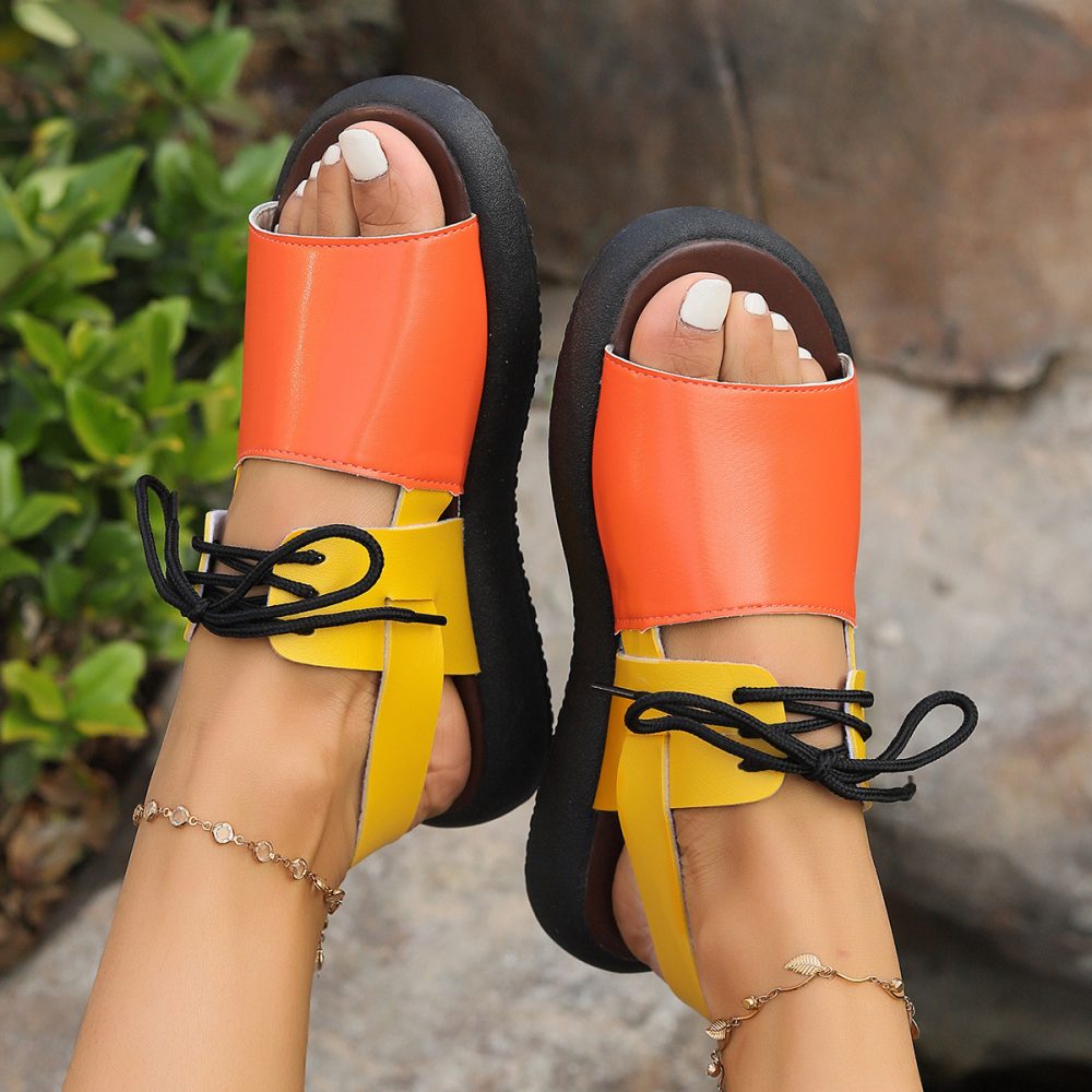 Color-block Lace-up Roman Sandals For Women Summer New Fashion Flat Fish Mouth Beach Shoes - Image 7