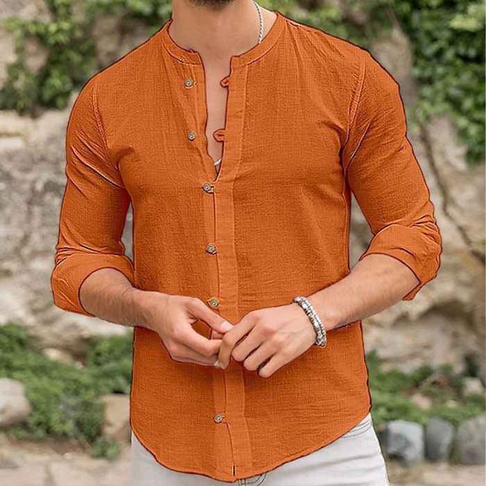 Men's Solid Color Standing Collar Cotton Linen Shirt