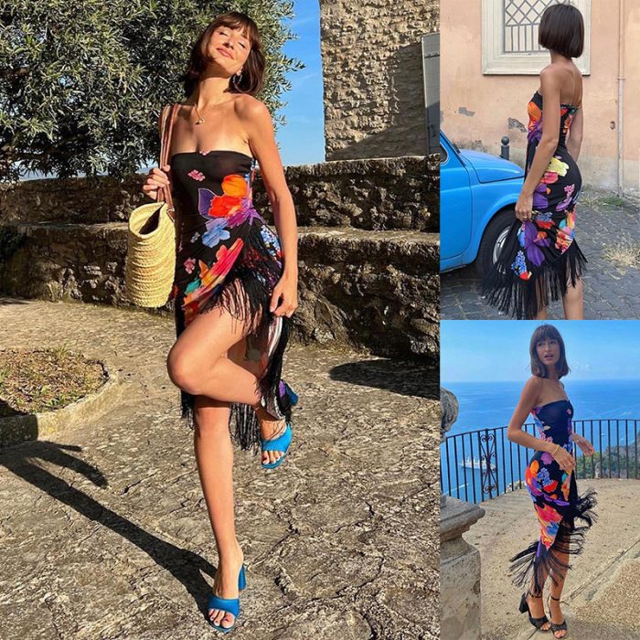 Sleeveless Slim Print Tassel Tube Top Backless Sexy Slit Dress