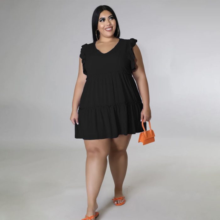 Women's Solid Color Casual V-neck Sleeveless Ruffled Pleated Skirt