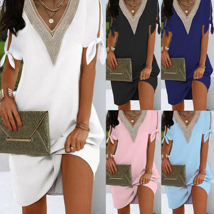Women's Clothing Casual Fashion Craft Split Cuff Bow Solid Color Neckline Lace Dress