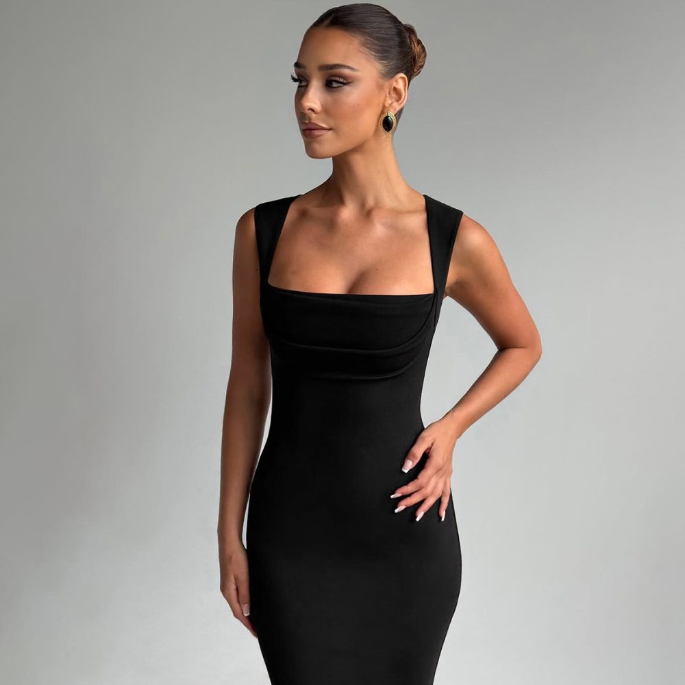 Fashion Temperament Slim Fit Square Collar Sleeveless Street Solid Color Slim Fit Dress Women - Image 7