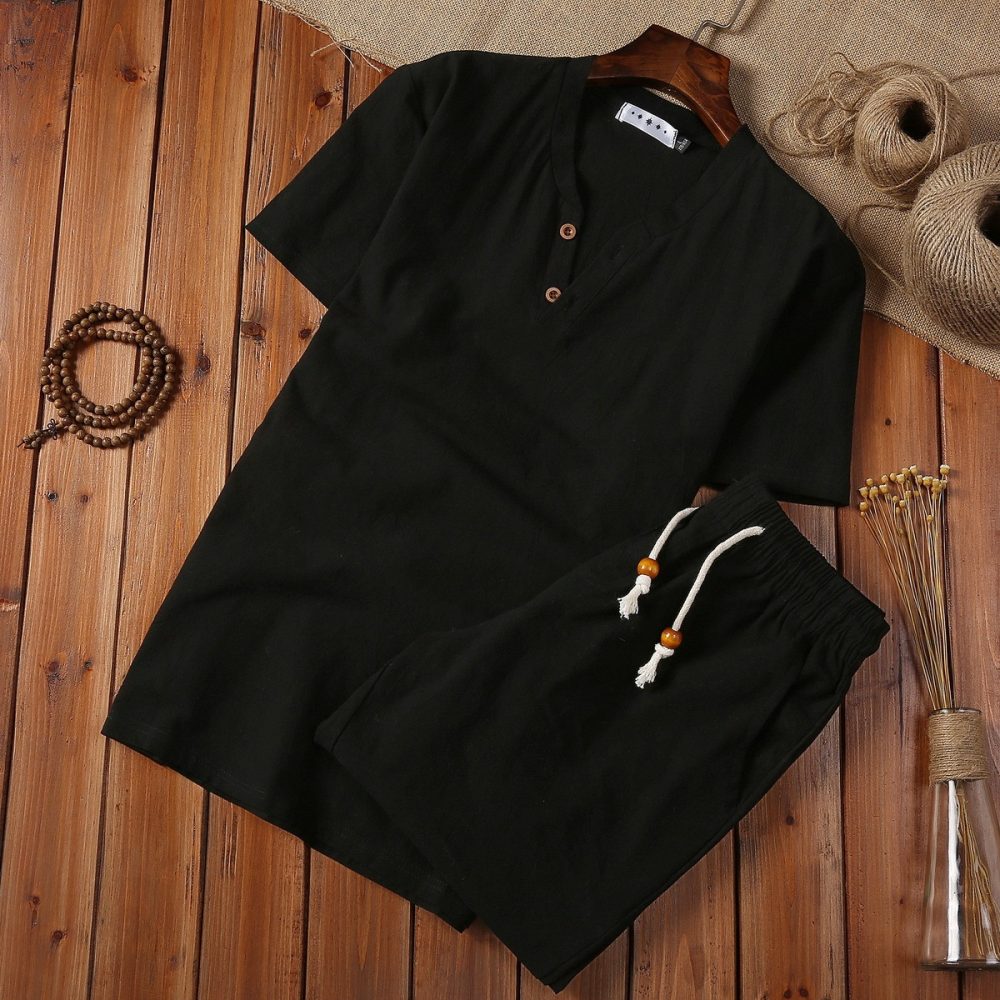 Cotton And Linen Two-piece Buckle Suit Casual V-neck Two-piece Set - Image 7