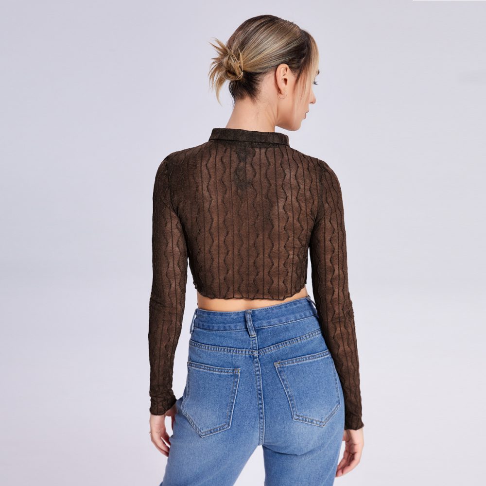 Women's Solid Color Slim -fitting Navel Fashion Lapel Wood Ear Long -sleeved T -shirt - Image 8