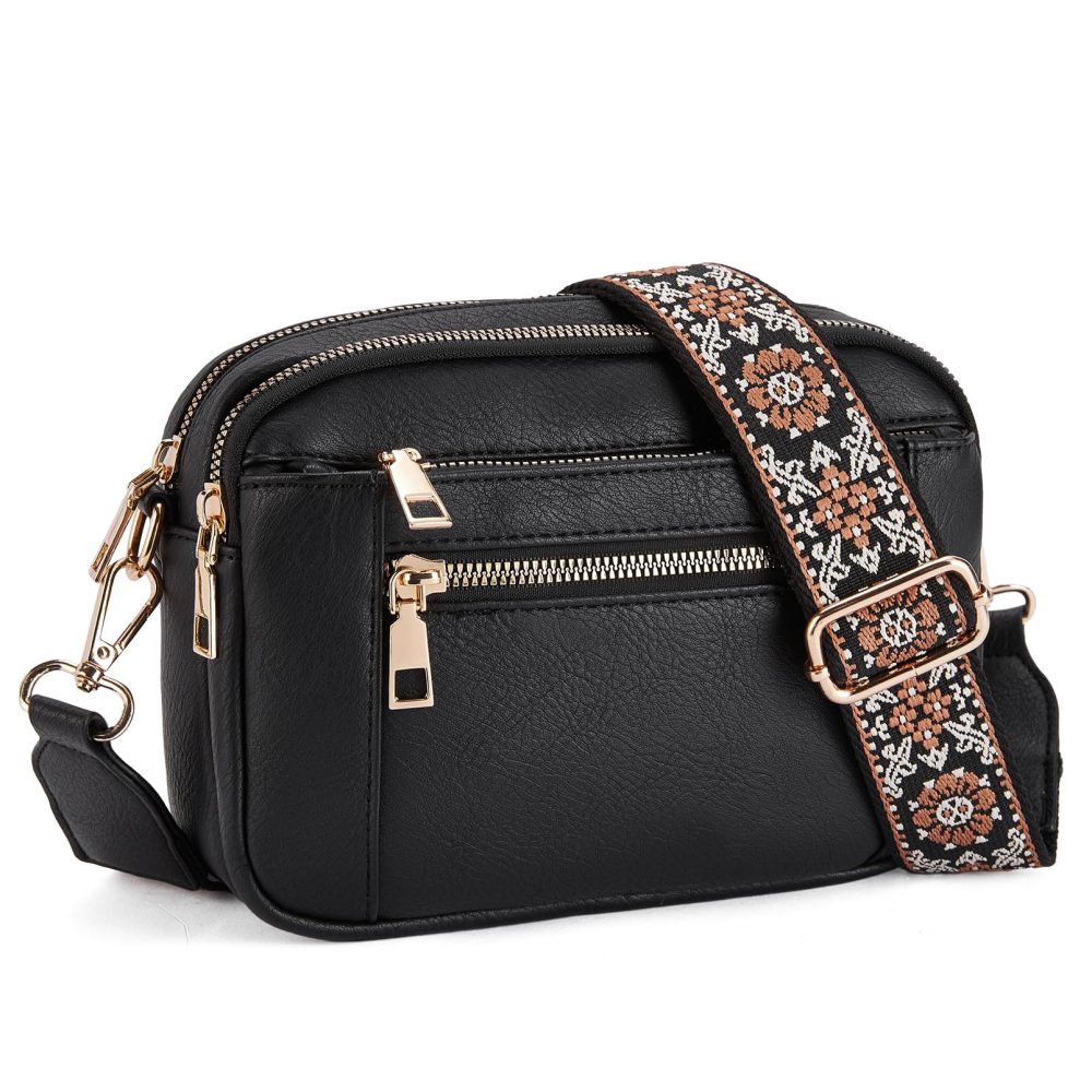 Triple-zipper Shoulder Bag With Floral Embroidered Straps Fashion Colorblock Multi-functional Crossbody Bags For Women - Image 9
