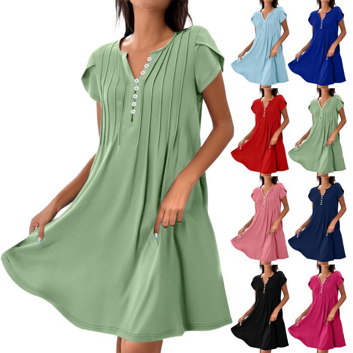 V-neck Solid Color Pullover Comfort And Casual Button Dress