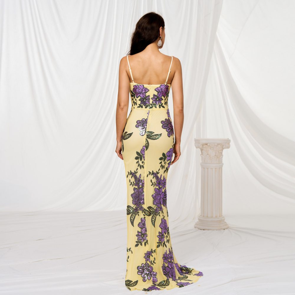 V-neck Brace Slim-fit Sheath Sequined Slit Evening Dress - Image 3