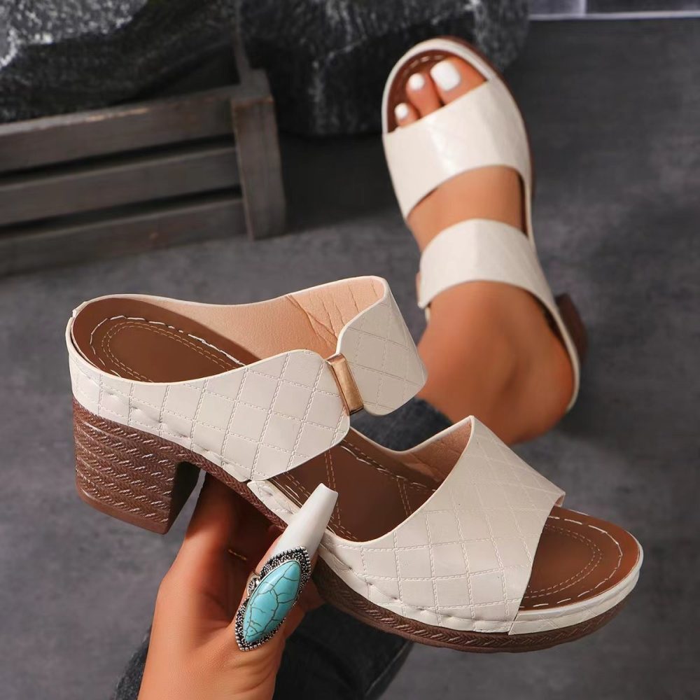 Chunky Heel Sandals Summer Round Toe Plaid Slides Slippers Fashion Outdoor High Heels Shoes For Women - Image 7